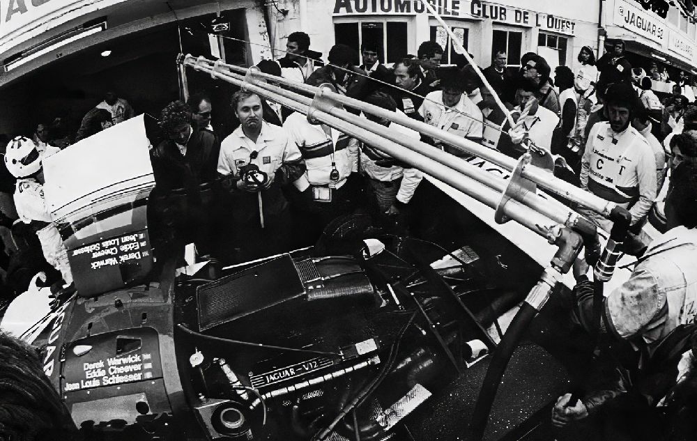 XJR-6 on stands in the Le Mans garage at 9am