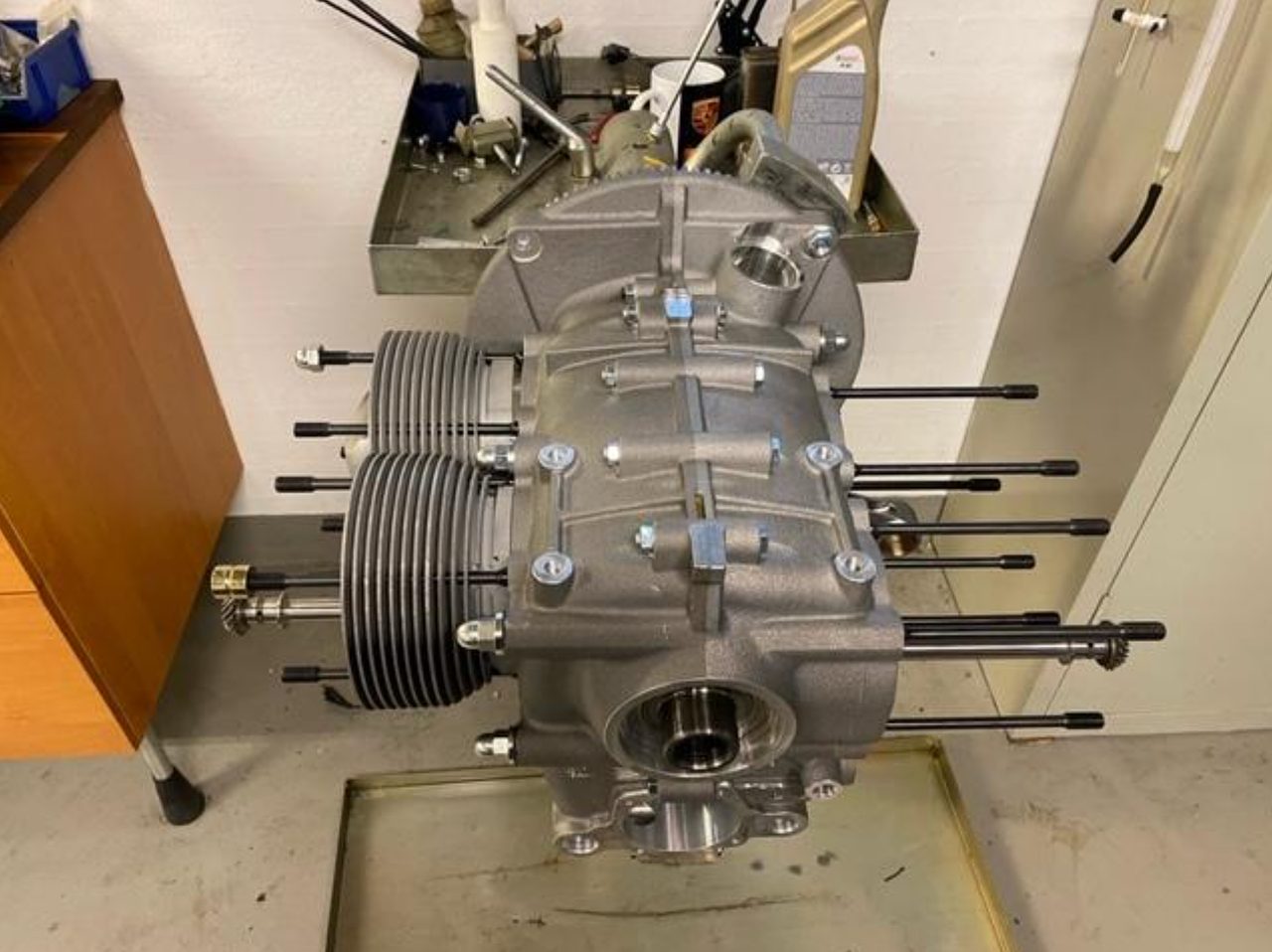 Close-up of a finished four-cam cylinder head