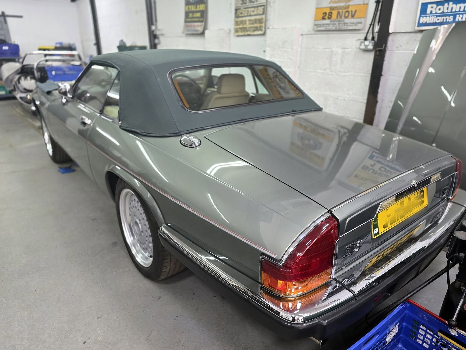 A classic Jaguar XJS convertible in the workshop