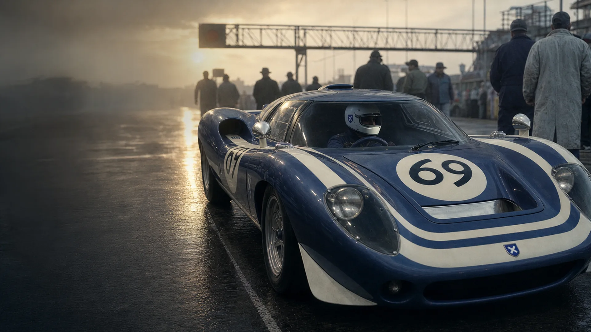 The Ecurie Ecosse LM69 on the 1969 Le Mans start grid at dawn