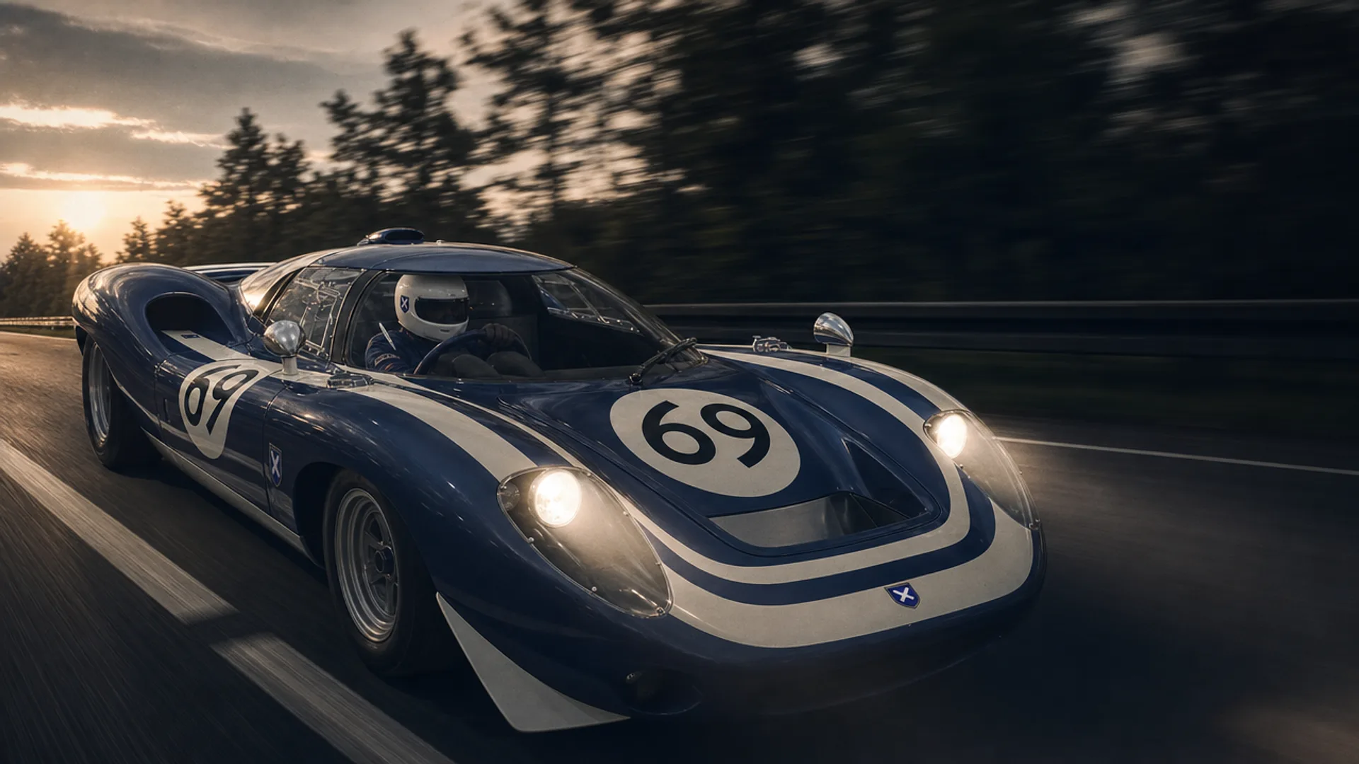 The LM69 on the Mulsanne Straight at dusk
